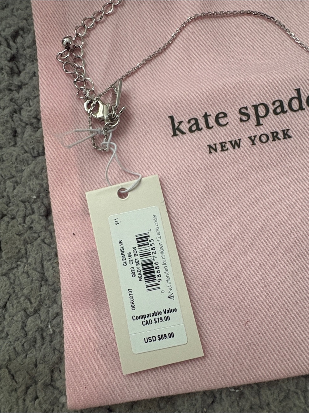 kate spade Silver Crystal Bow Necklace with Pink Pouch - Picture 3 of 3